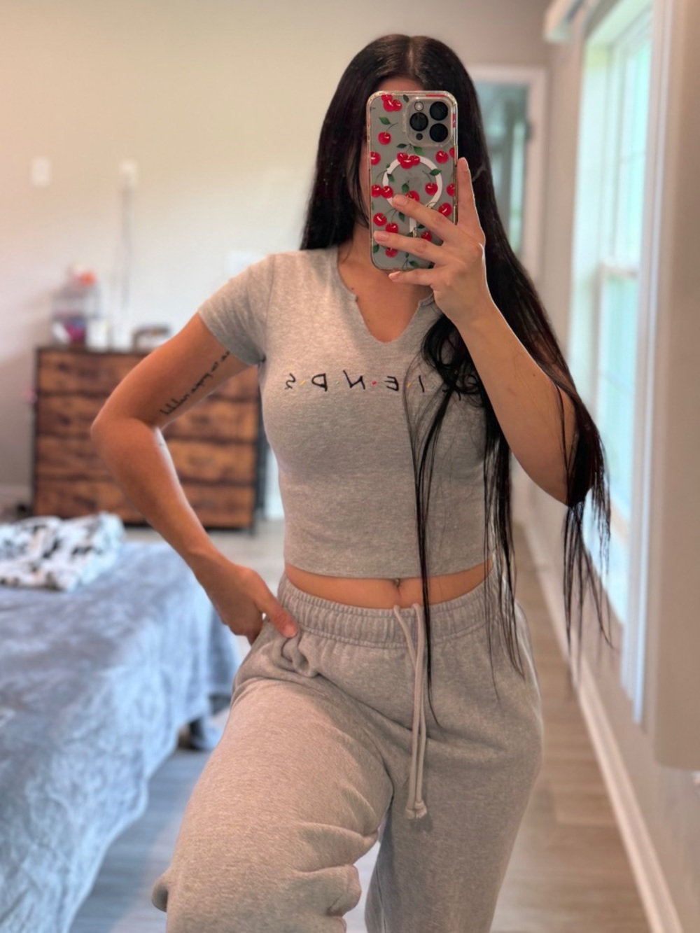 Friends Love Tribe Women's XS Heather Gray Embroidered Crop Top V-Notch Shirt